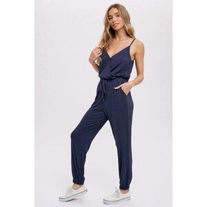 Bluivy Navy Surplice Jersey Jumpsuit Adjustable Waist Tie & Pockets Small